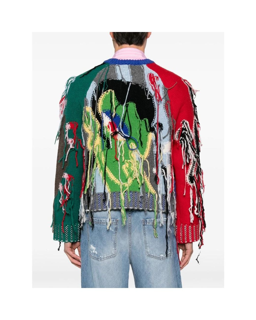 Charles Jeffrey Blue Guddle Fringe-Detail Intarsia-Knit Sweater for men