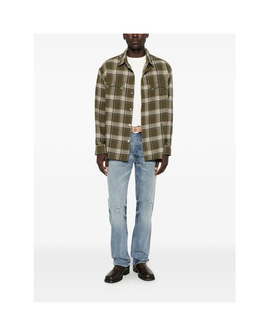 R H U D E © Green Check-Pattern Distressed-Effect Shirt for men