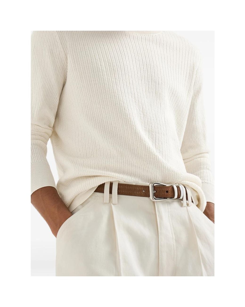 Brunello Cucinelli White Cotton Textured Rib Lightweight Sweater for men