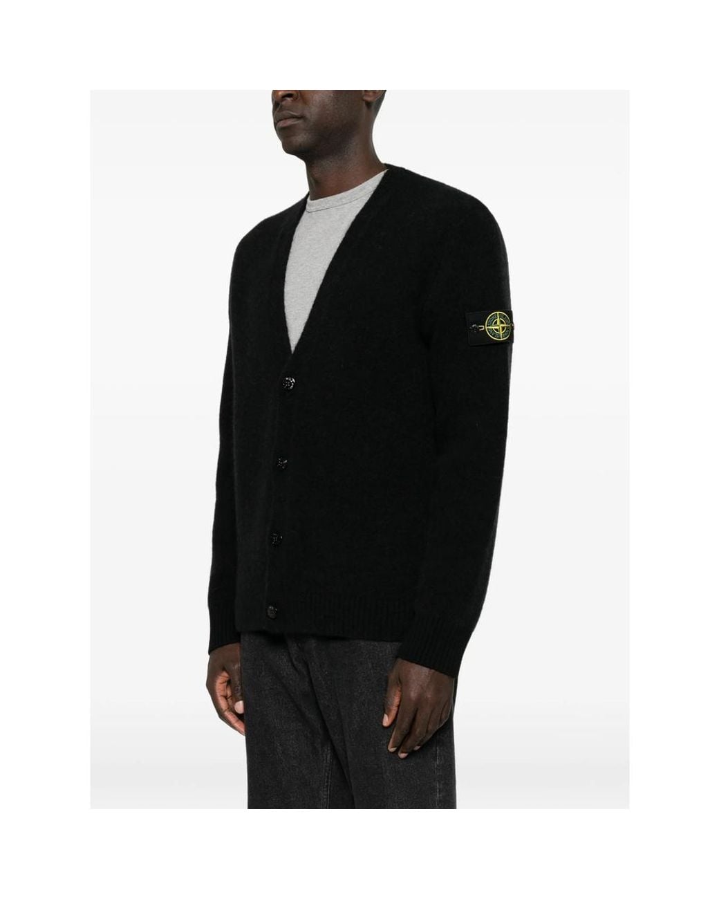 Stone Island Black Logo-Patch V-Neck Cardigan for men