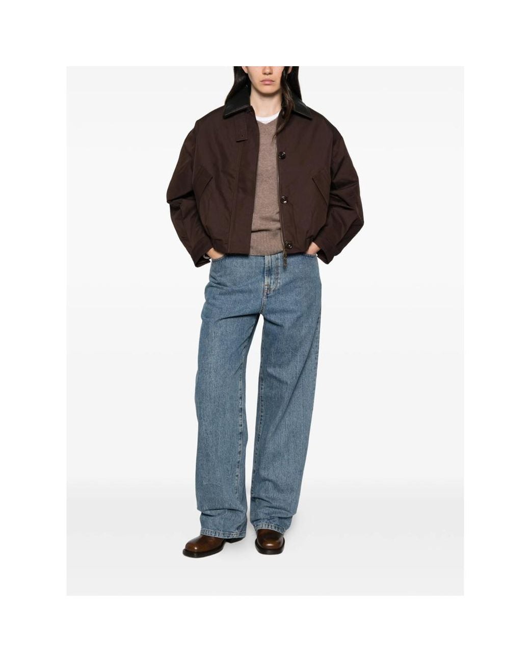 Sessun Brown Leather Effect-Collar Bomber Jacket