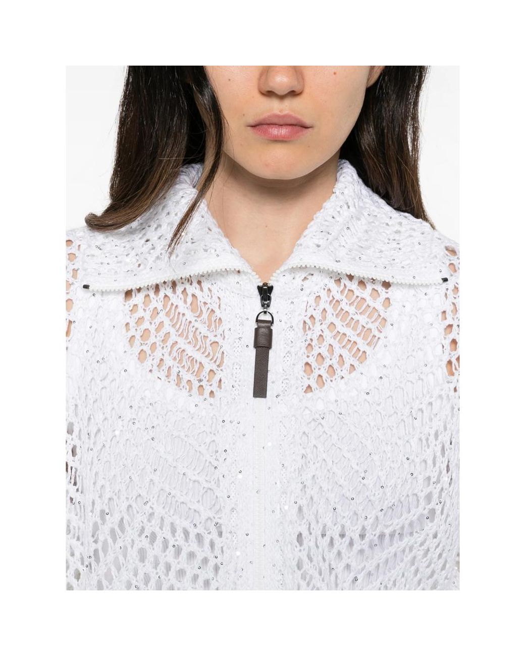 Brunello Cucinelli White Sequin-Embellished Open-Knit Cardigan