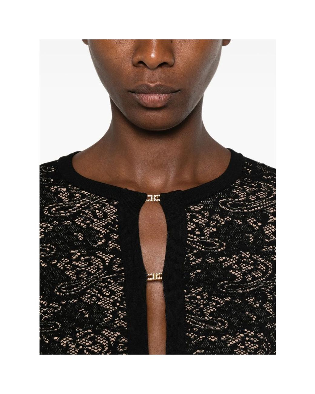 Elisabetta Franchi Black Lace-Pattern Logo-Plaque Sweater