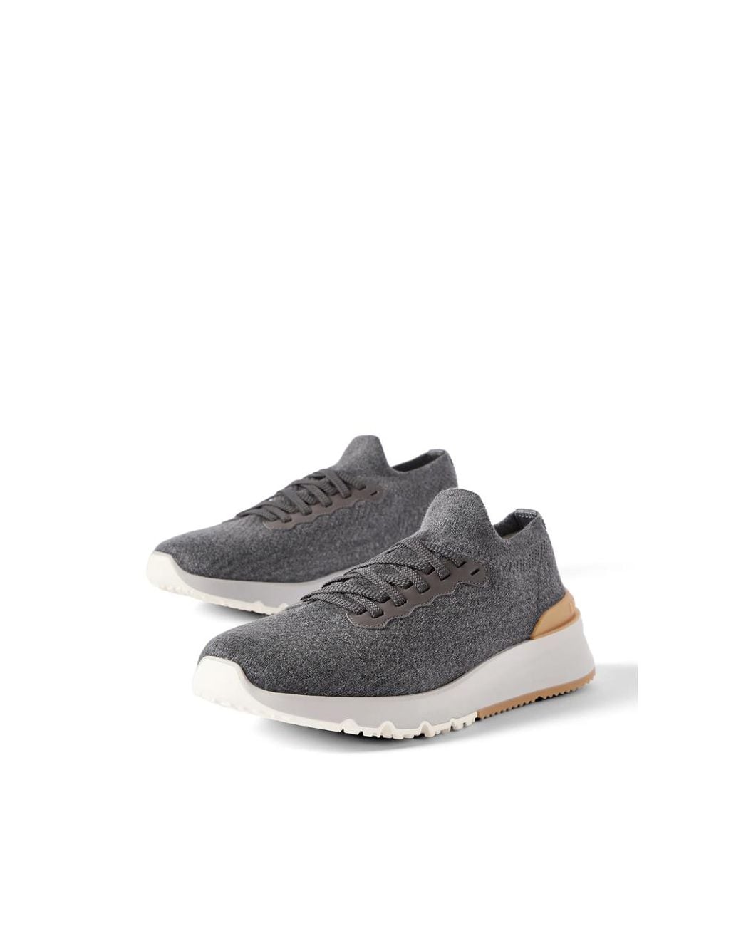 Brunello Cucinelli Blue Cotton Knit And Semi-Polished Calfskin Sneakers for men