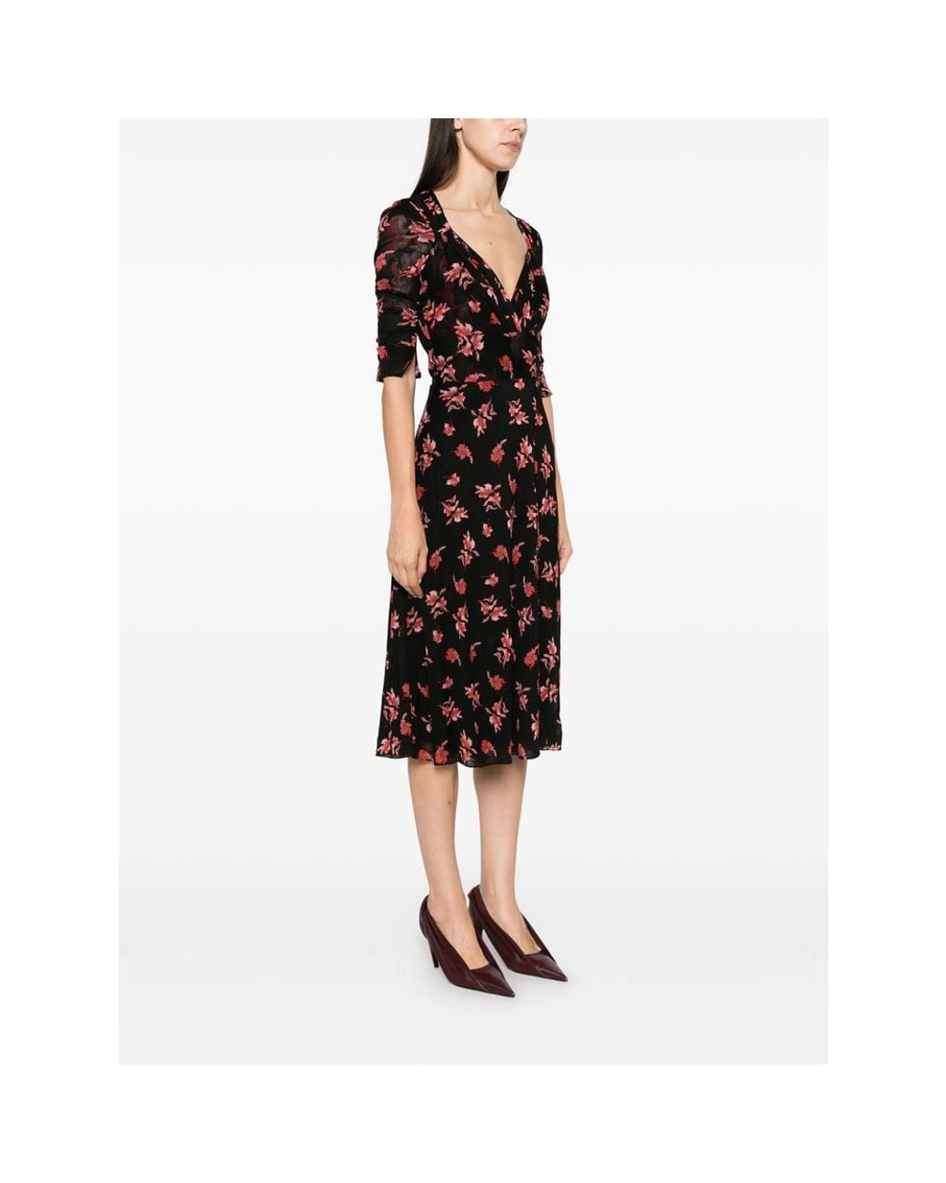 Diane von Furstenberg Black Carmen Floral-Print Ruched-Sleeve Midi Dress