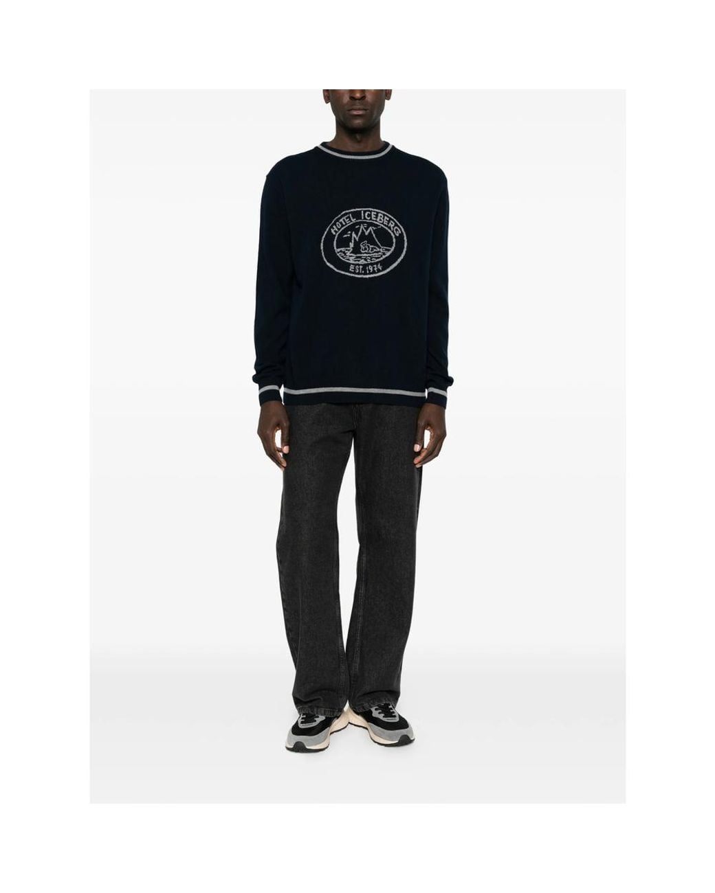 Iceberg Black Logo-Intarsia Tipped Sweater for men