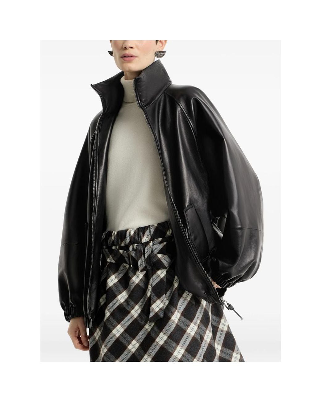 Brunello Cucinelli Black Nappa Leather Bomber Jacket With Monili