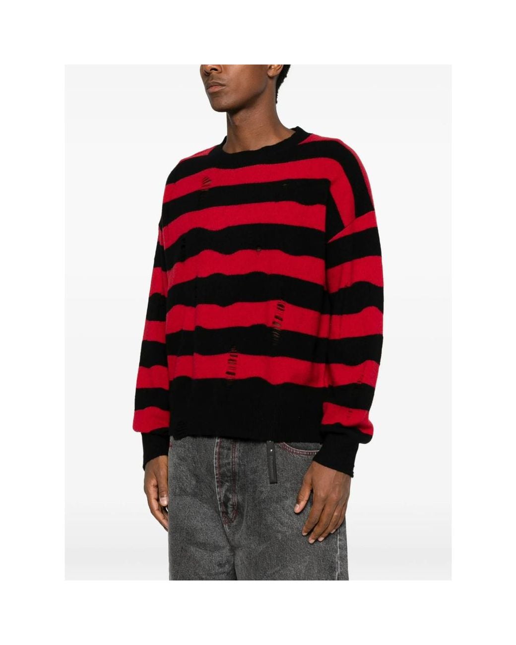 DAGGER Red Distressed Striped Sweater for men