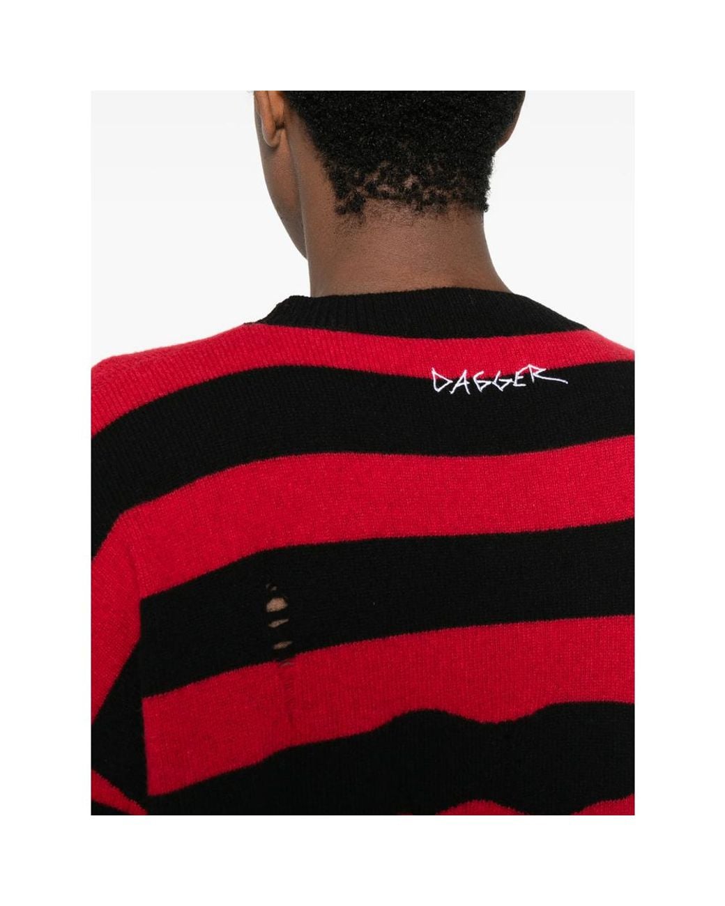 DAGGER Red Distressed Striped Sweater for men