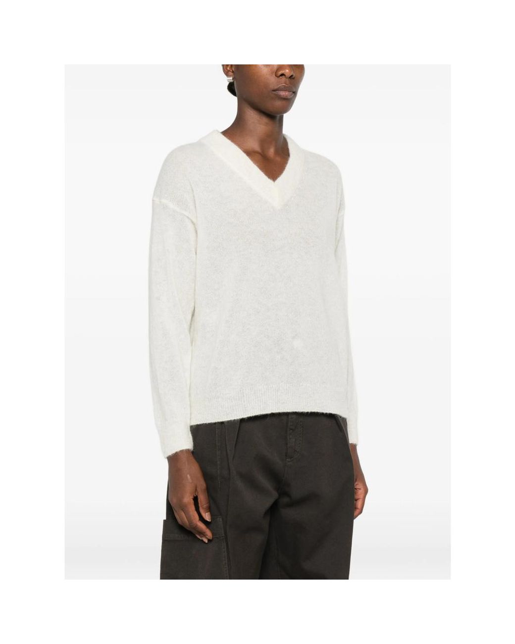 Panicale Cashmere White V-Neck Drop-Shoulder Sweater