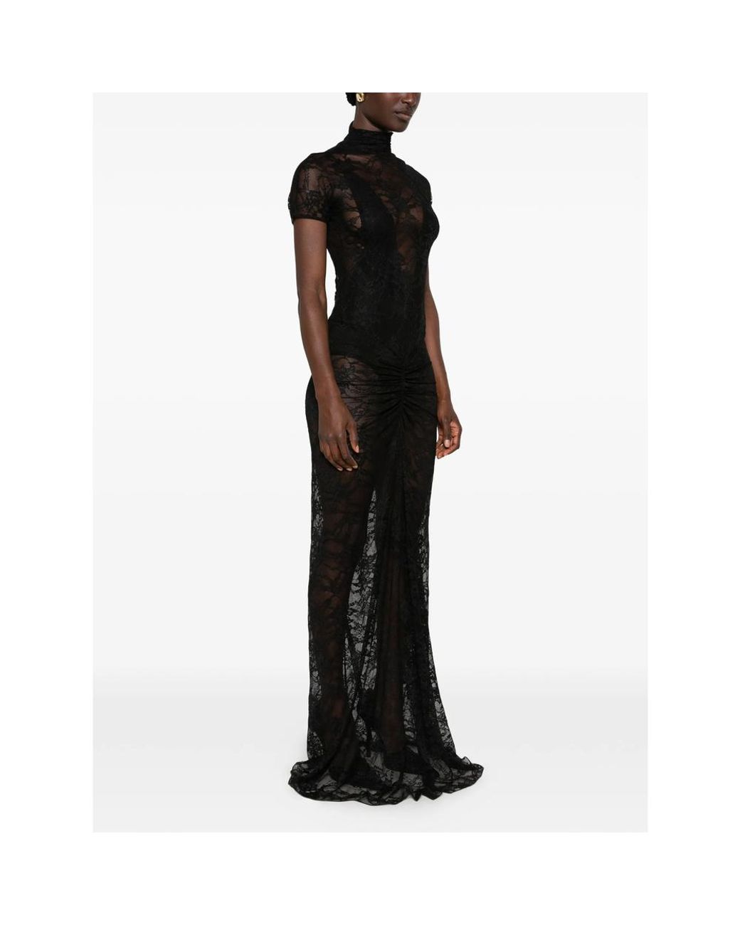 ANDAMANE Black Palma Lace-Overlay Ruched-Detail Maxi Dress