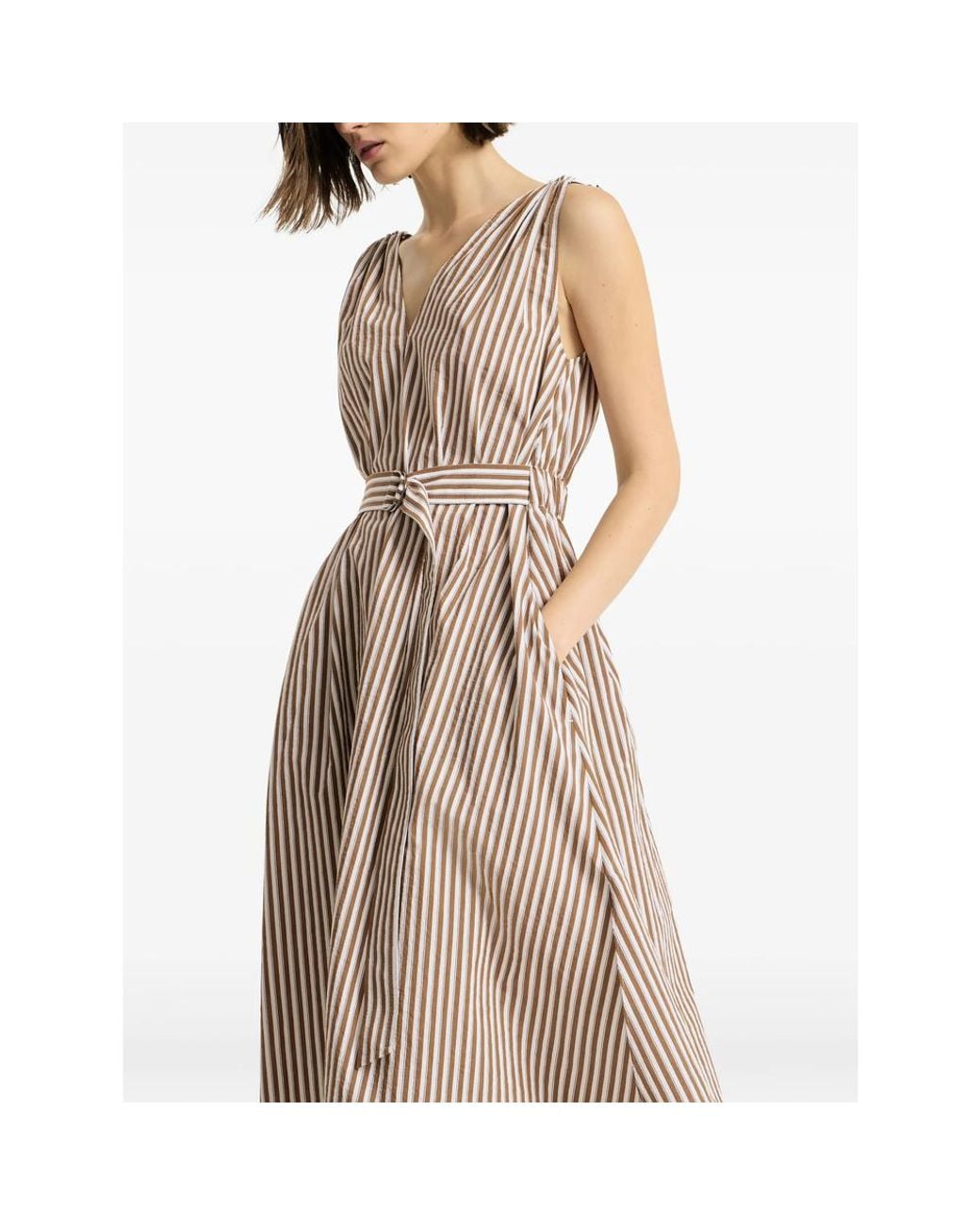 Brunello Cucinelli Natural Striped Wrinkled Poplin Dress With Monili