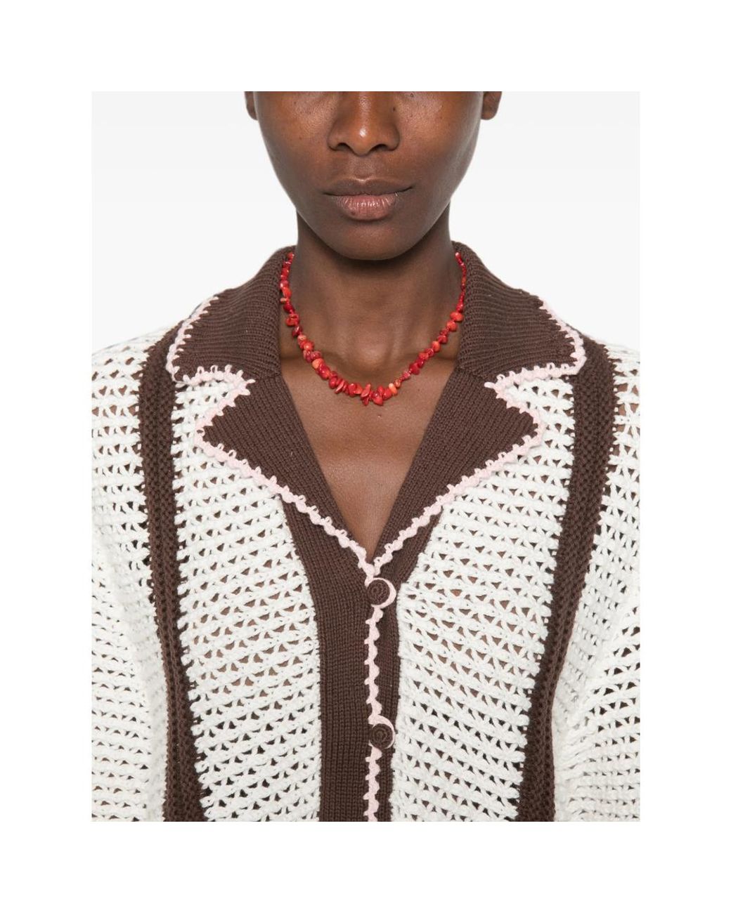 Stine Goya White Crochet-Knit Striped Cardigan
