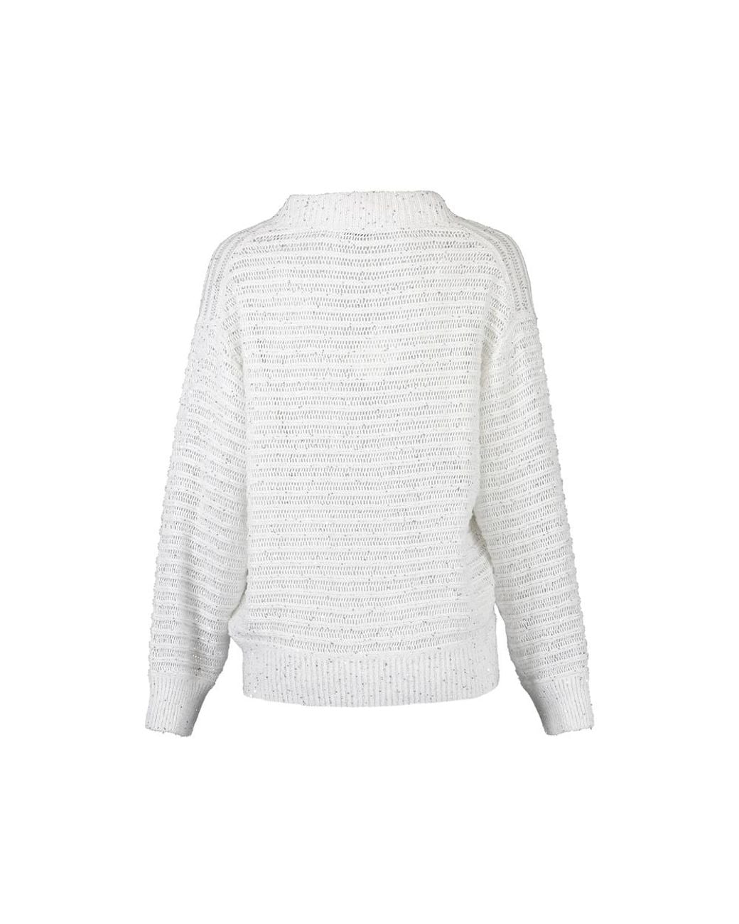 Brunello Cucinelli White Linen Diamond Yarn Sweater With Openwork Stripes