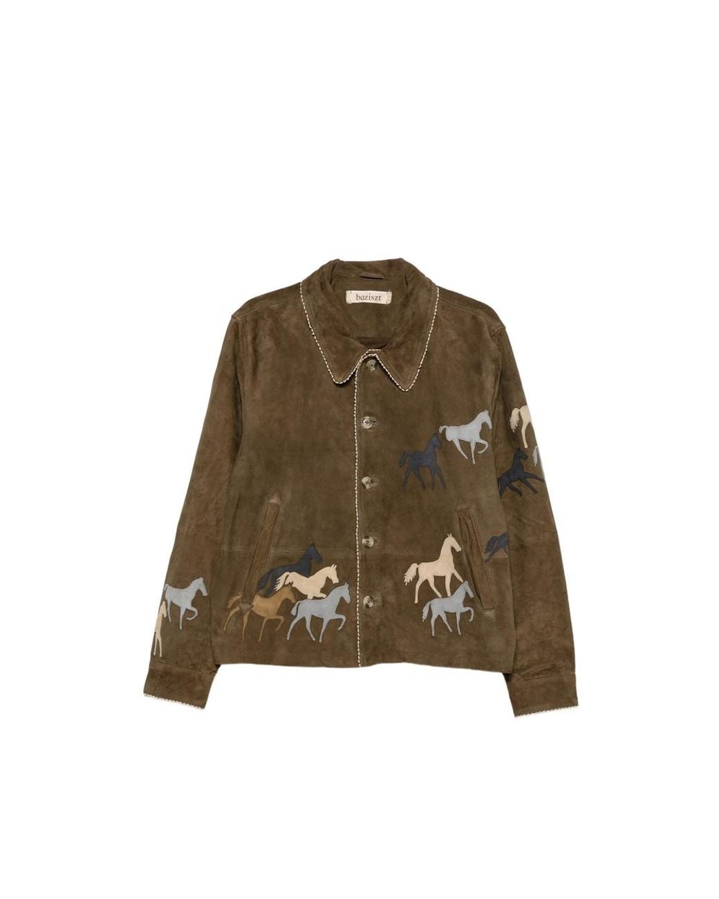 BAZISZT Green Valero Horse-Patchwork Leather Jacket for men