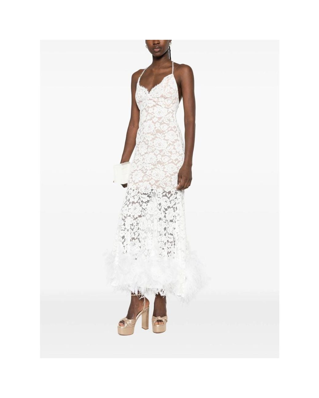 Self-Portrait White Feather-Trim Lace Midi Dress