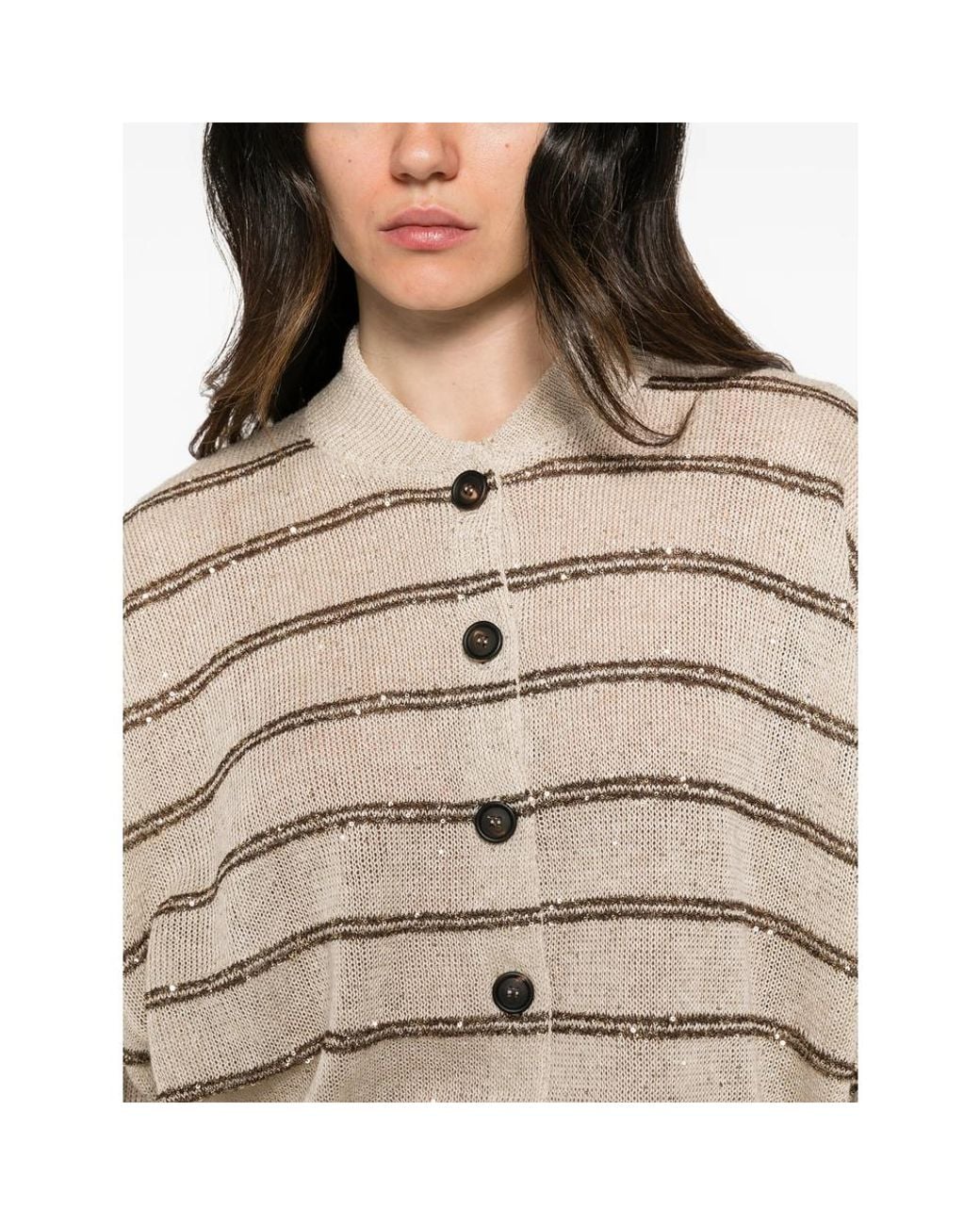 Brunello Cucinelli Natural Sequin-Embellished Striped Cardigan