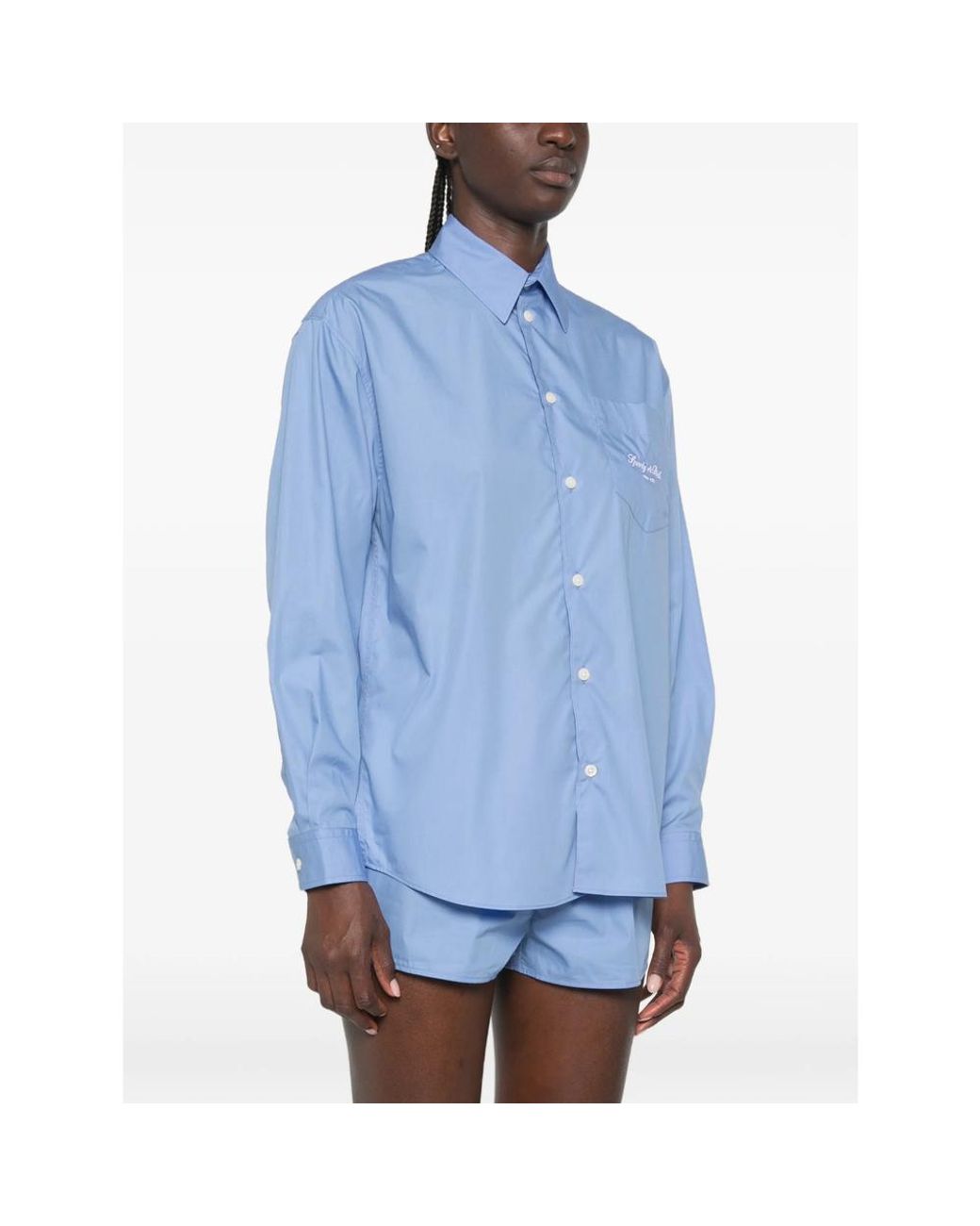 Sporty & Rich Blue Logo-Embroidered Chest-Pocket Shirt