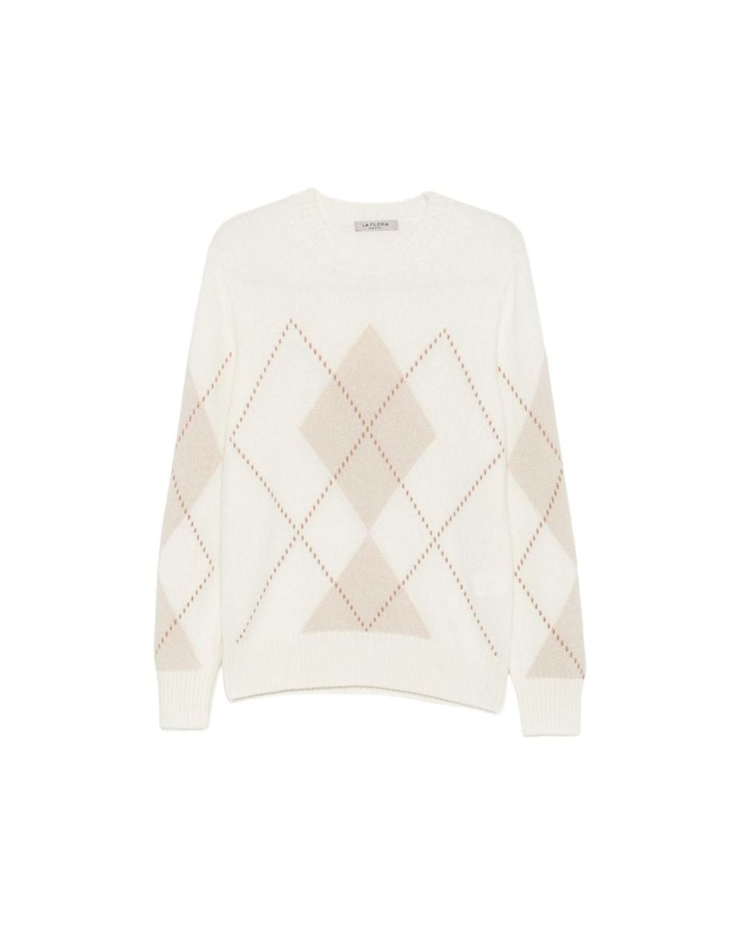 La Fileria White Argyle-Pattern Crew Neck Sweater for men