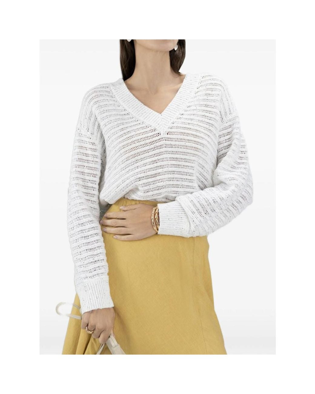 Brunello Cucinelli White Linen Diamond Yarn Sweater With Openwork Stripes
