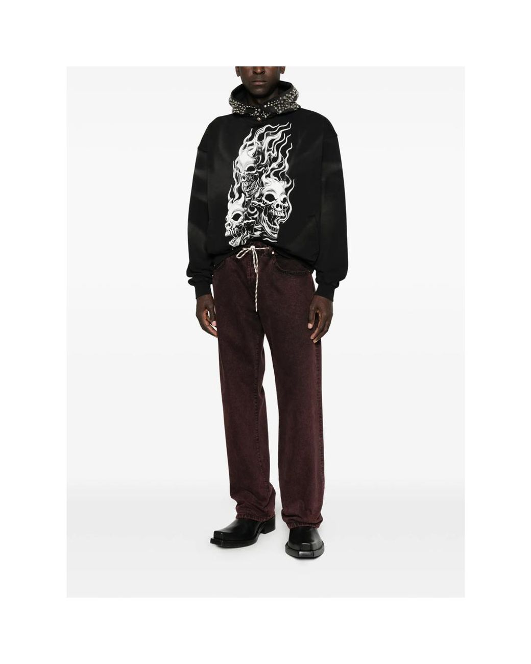 THUG CLUB Black Skull-Print Stud-Embellished Hoodie for men