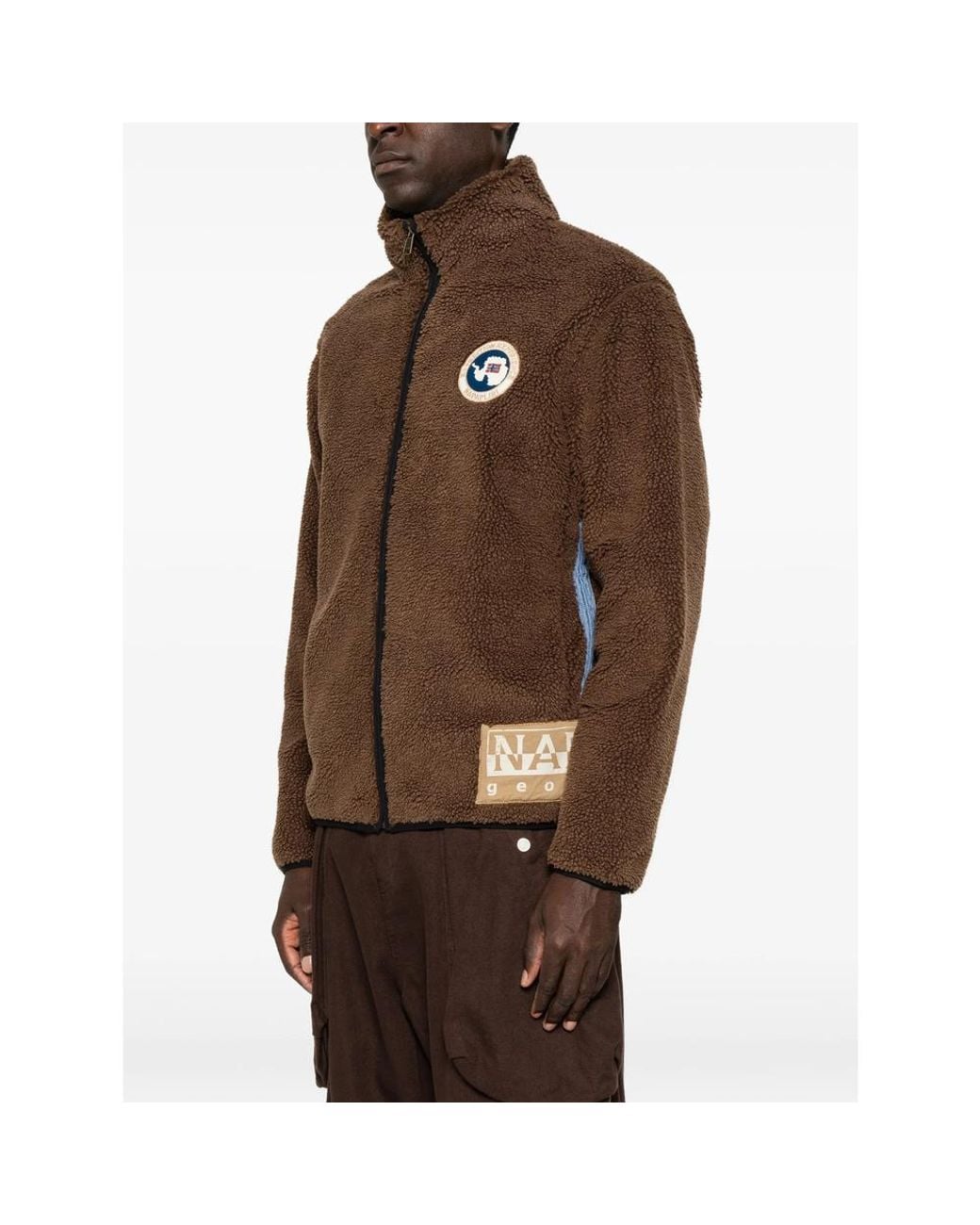 Napapijri Brown Fleece-Texture Logo-Patch Jacket for men