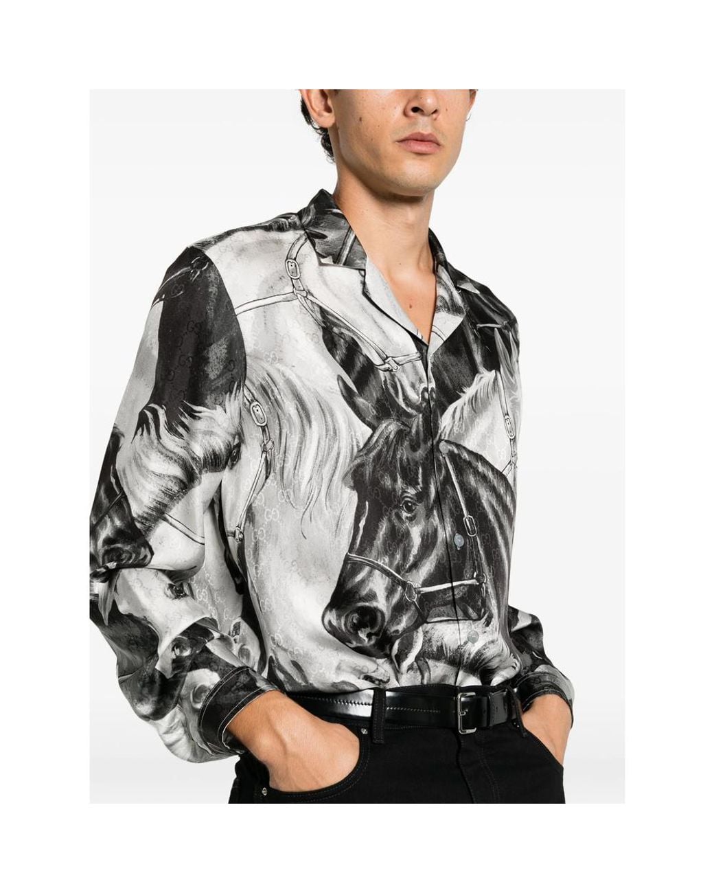 Gucci Black Horse-Print Silk Shirt for men