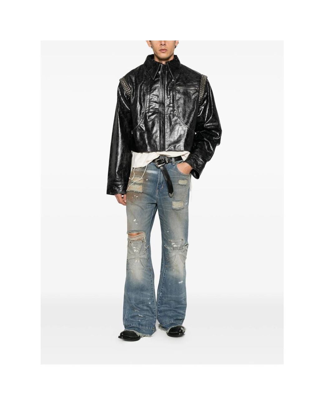 SEKRIT Black Stud-Embellished Leather Jacket for men