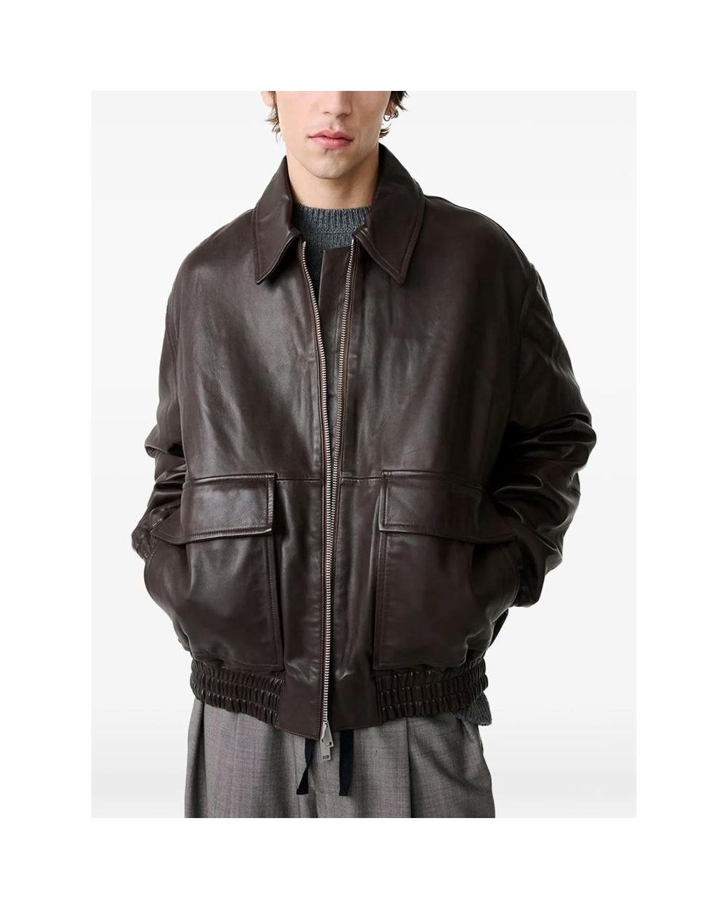 Studio Nicholson Brown Piston Leather Zip-Up Jacket for men