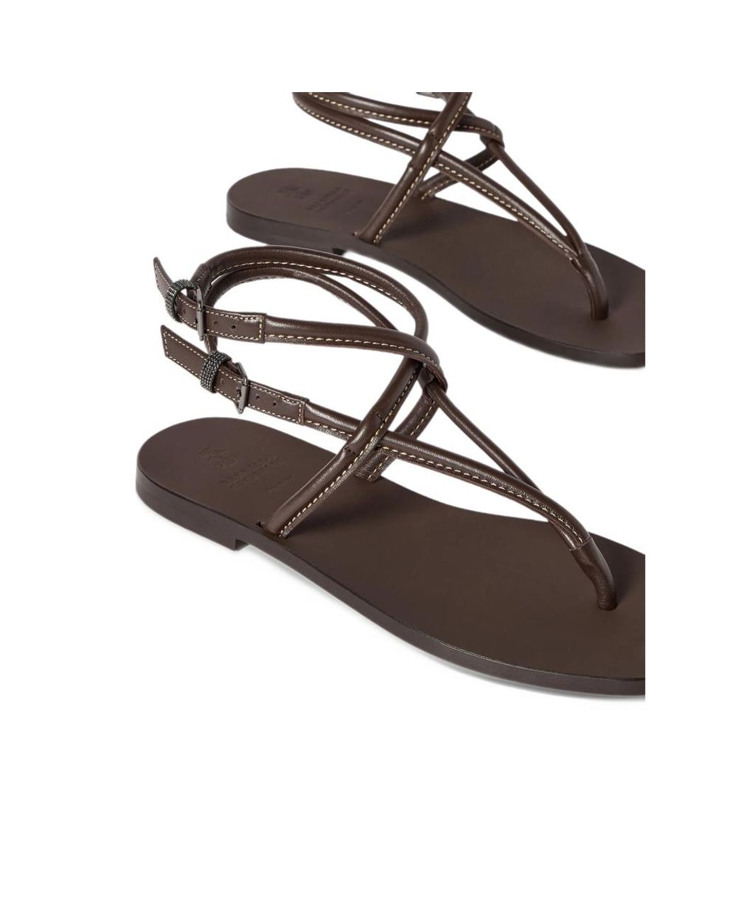 Brunello Cucinelli Brown Leather Sandals With Monili