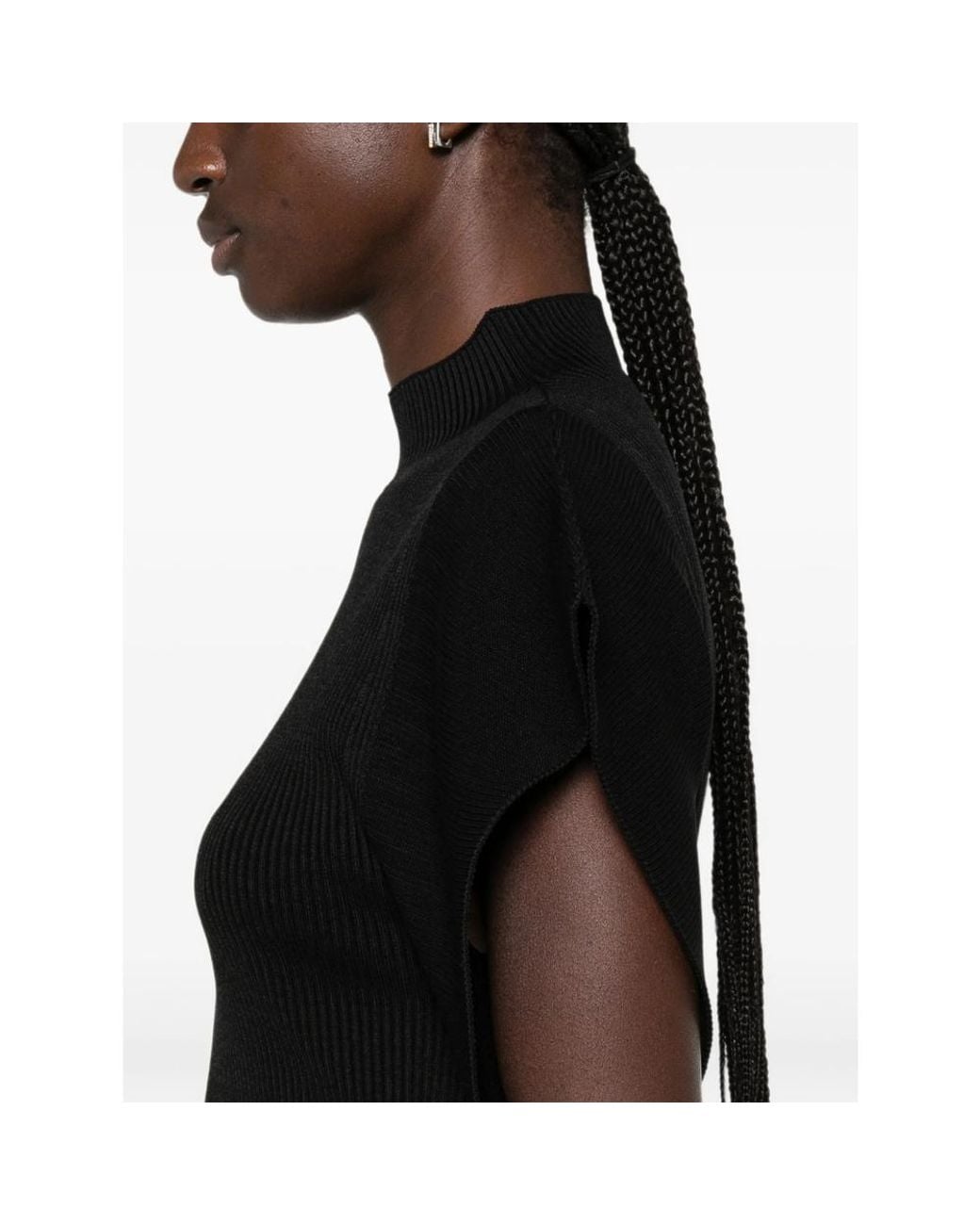 CFCL Black Portrait Ruffled-Sleeves Ribbed Top