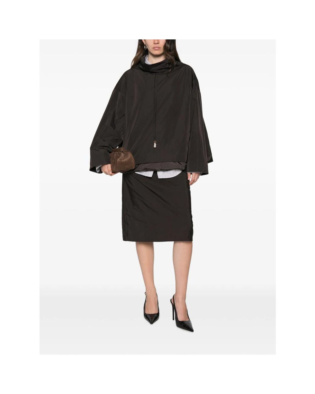 Carven Black Pearl-Embellished Gathered Midi Skirt