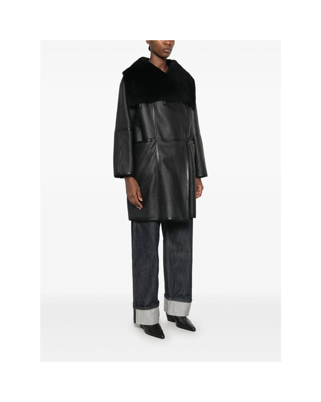 Emmeci Black Shearling-Collar Leather Coat