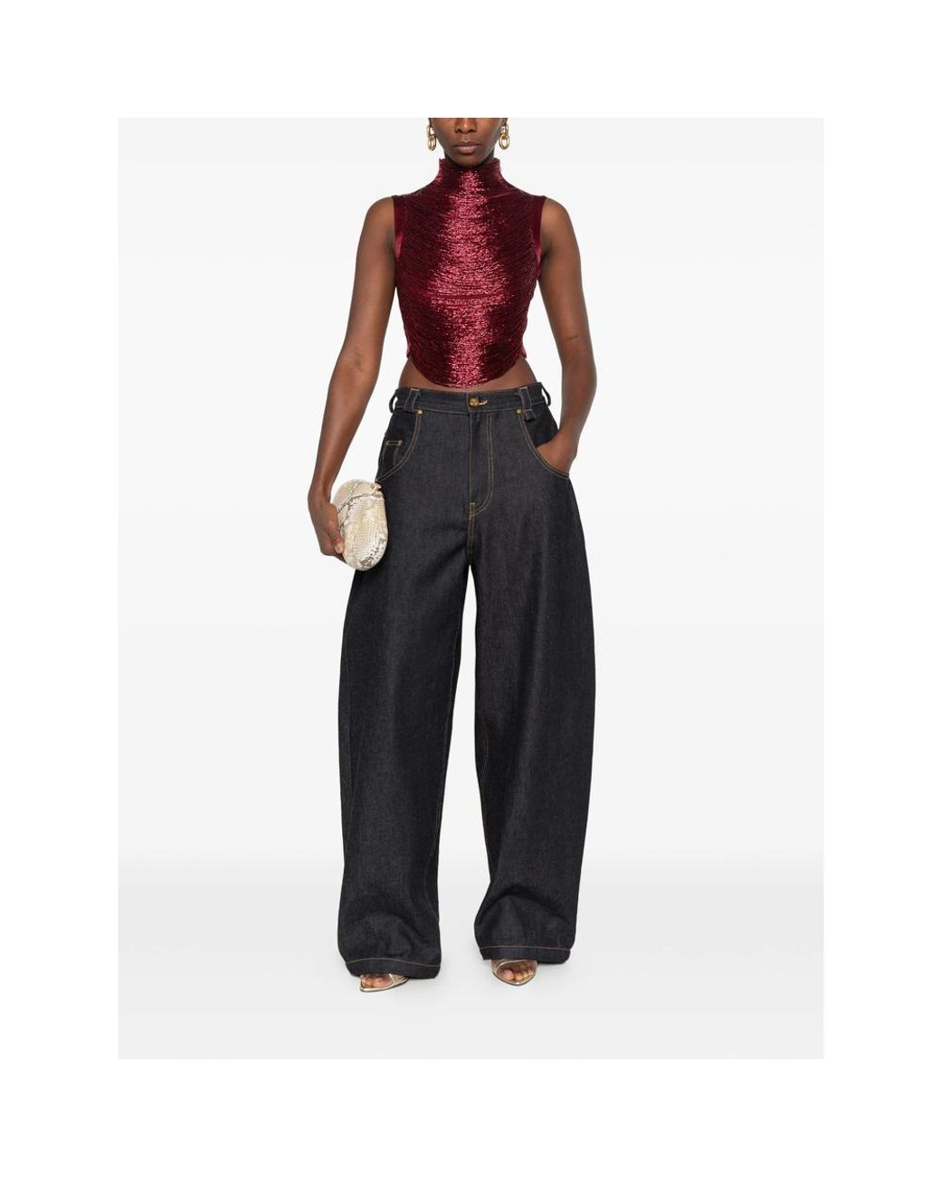 Cult Gaia Red Taraji Beaded High-Neck Top
