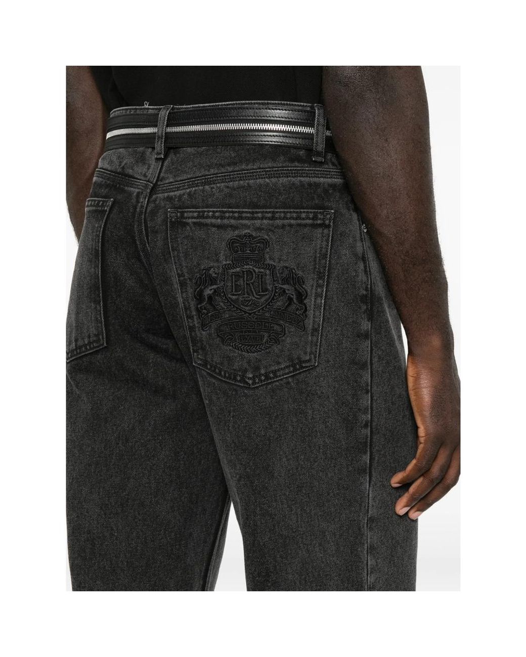 ERL Black Embroidered-Logo Wide-Leg Jeans for men