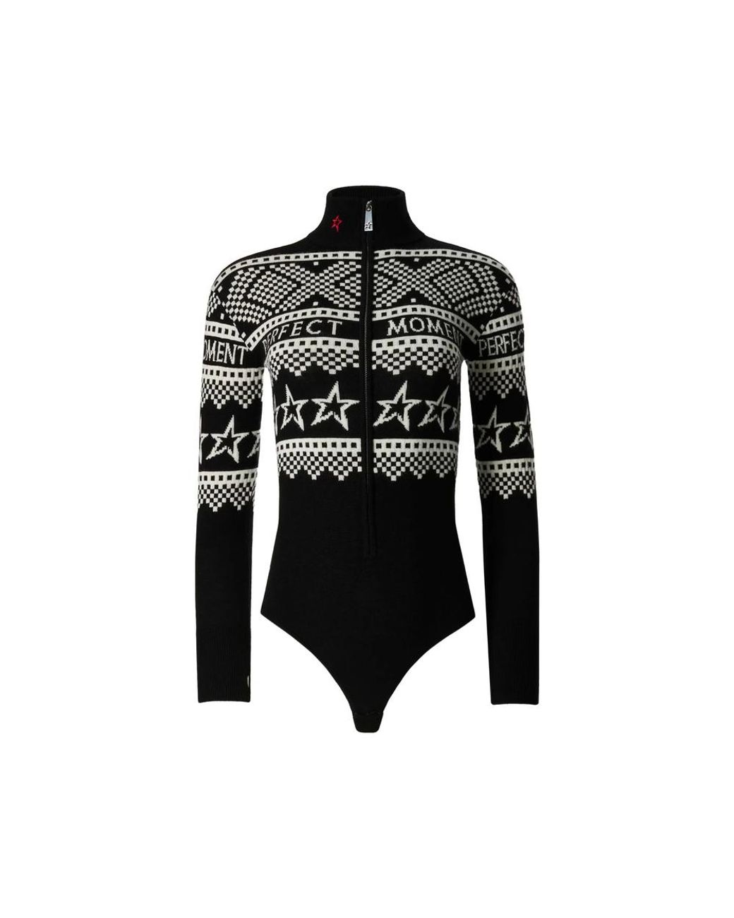Perfect Moment Black Merino Wool Intarsia-Knit Mock-Neck Bodysuit With Partial Zip Closure And Long Sleeves