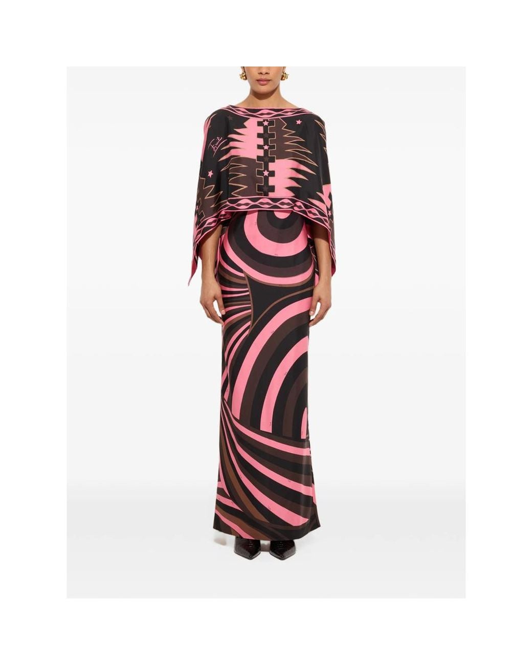 Emilio Pucci Red Iride Print Silk Dress With Cape
