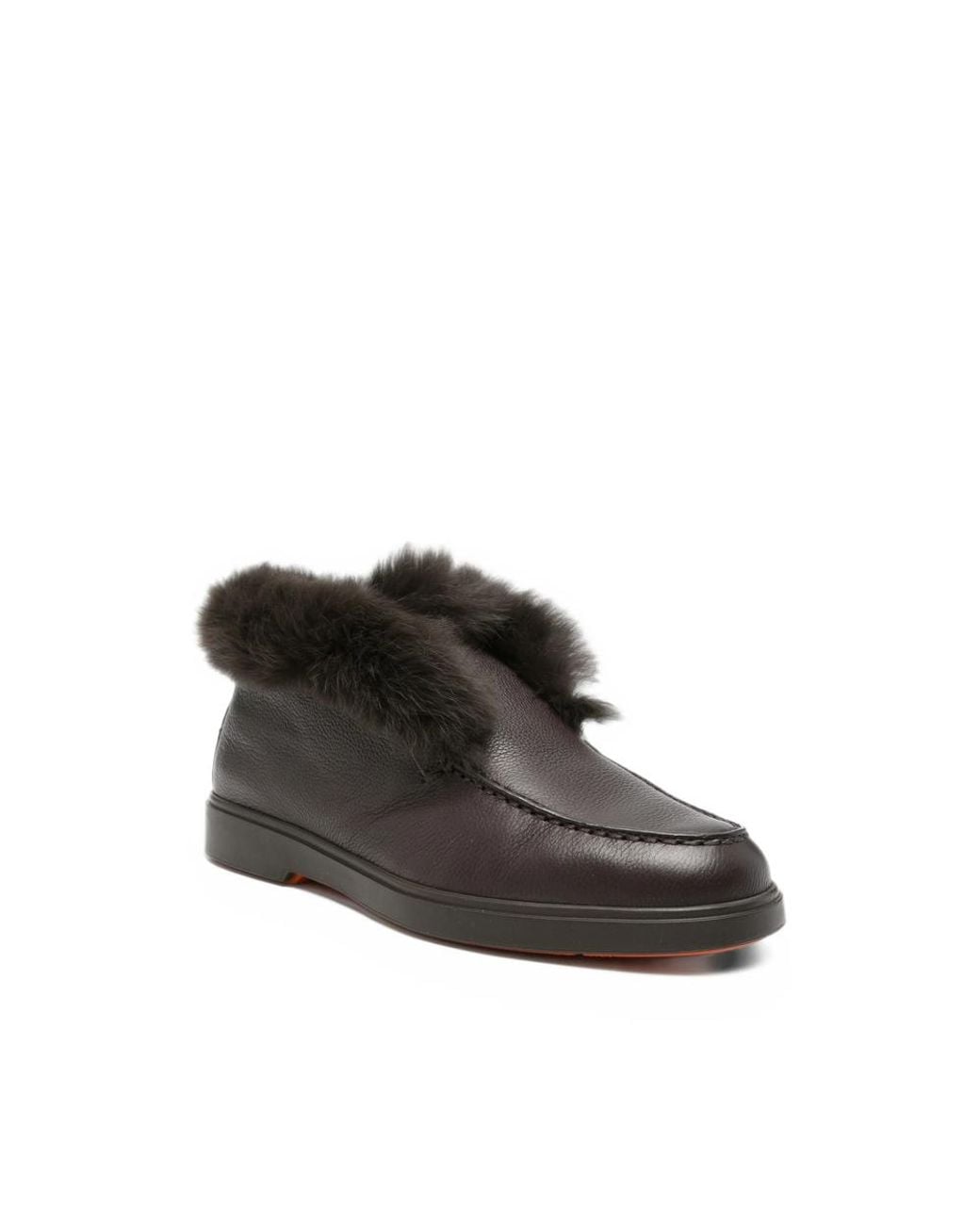 Santoni Black Shearling-Trim Pebbled Leather Loafers