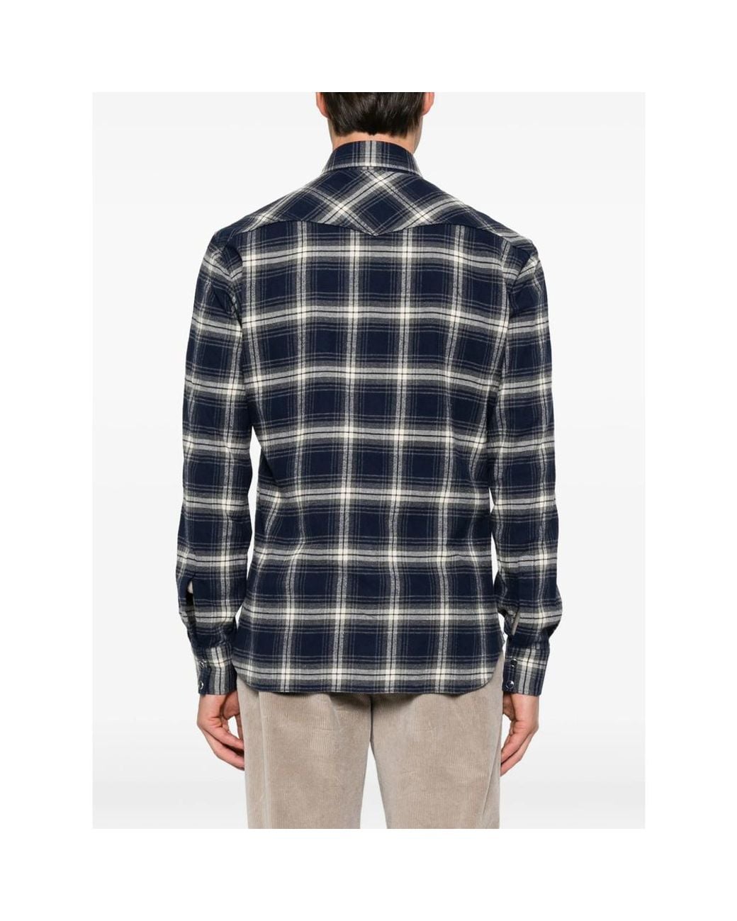 Barba Napoli Blue Check-Pattern Western-Style Shirt for men