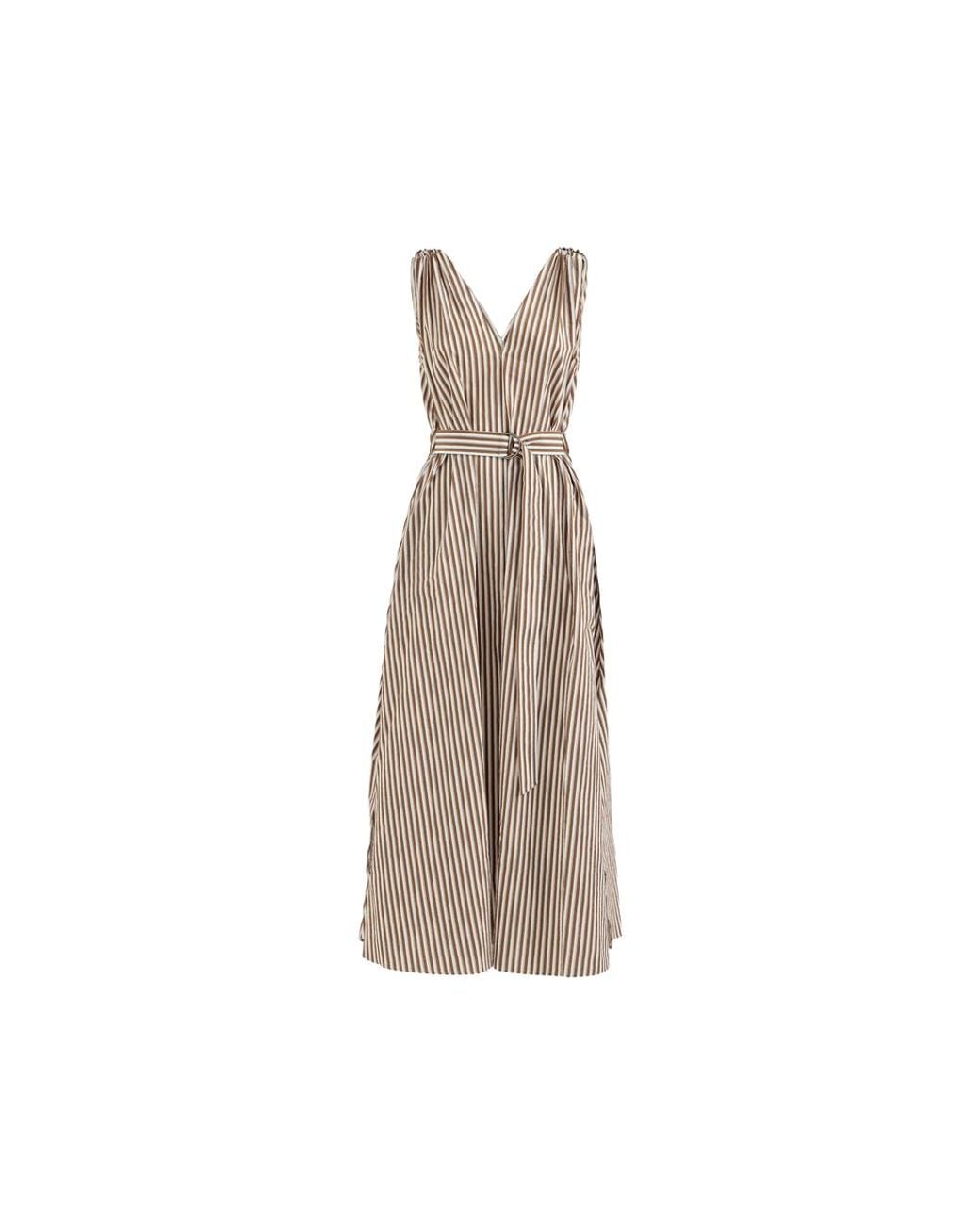 Brunello Cucinelli Natural Striped Wrinkled Poplin Dress With Monili