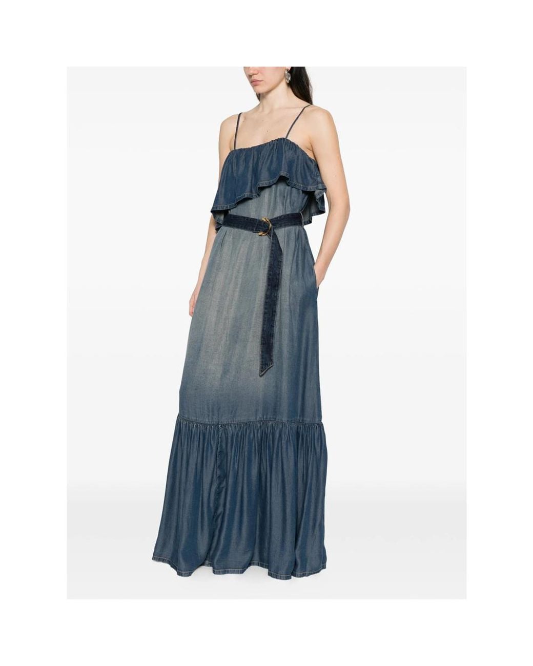 Pinko Blue Ruffled Belted Denim Maxi Dress