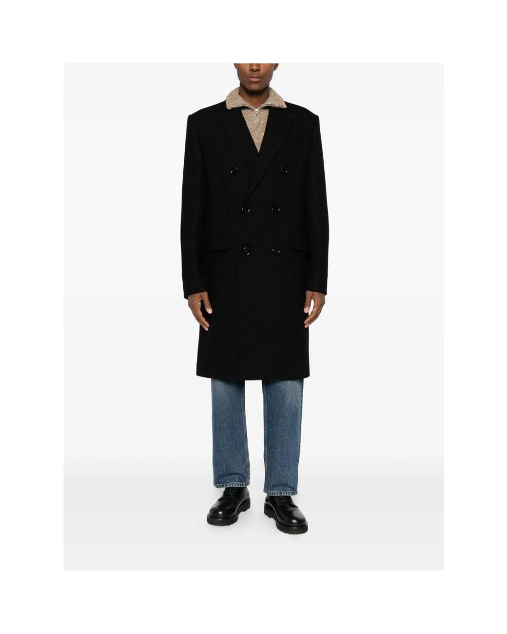 AMI Black Double-Breasted Virgin-Wool Coat for men