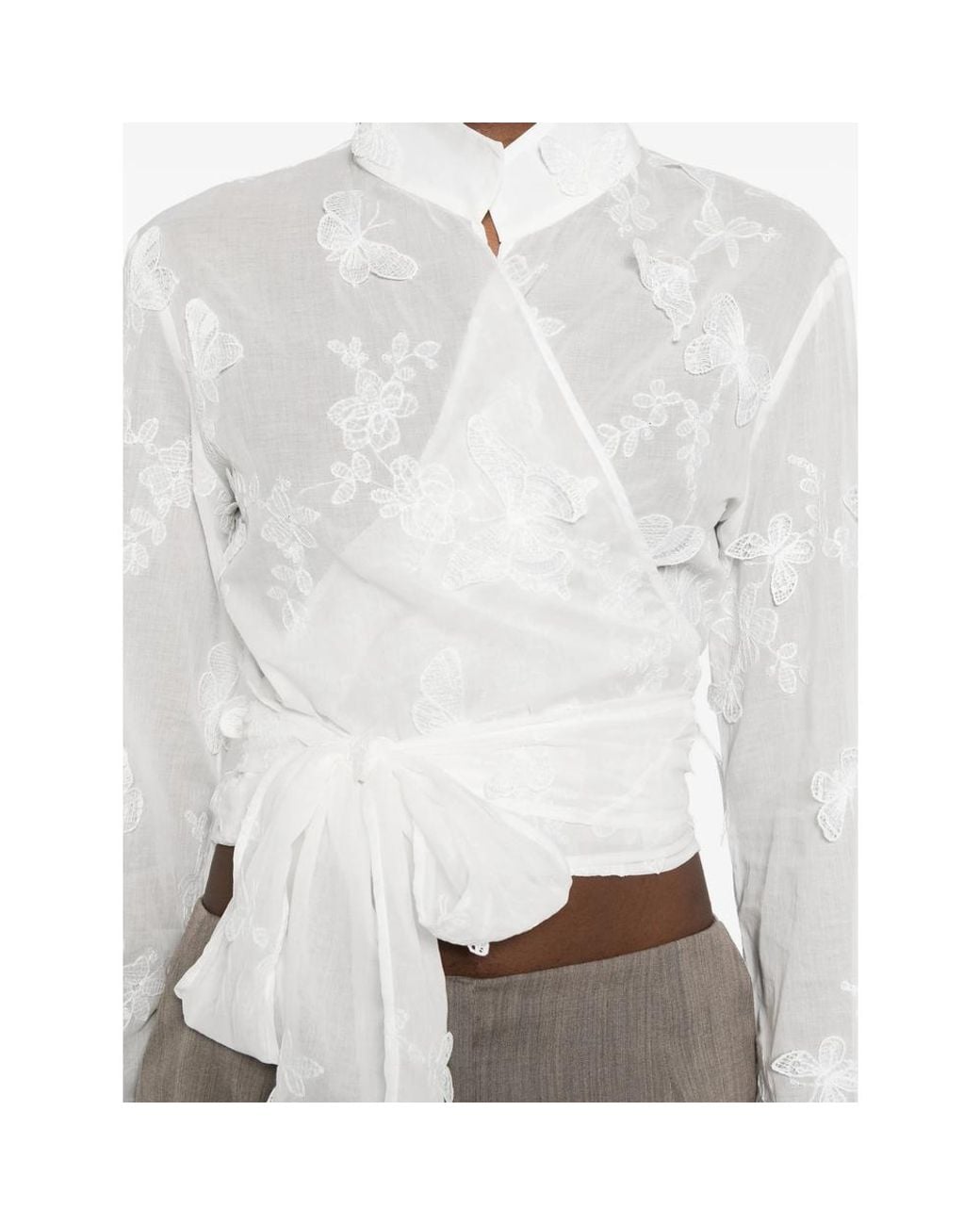 CAMICERIA MAZZARELLI White Tie-Front Blouse