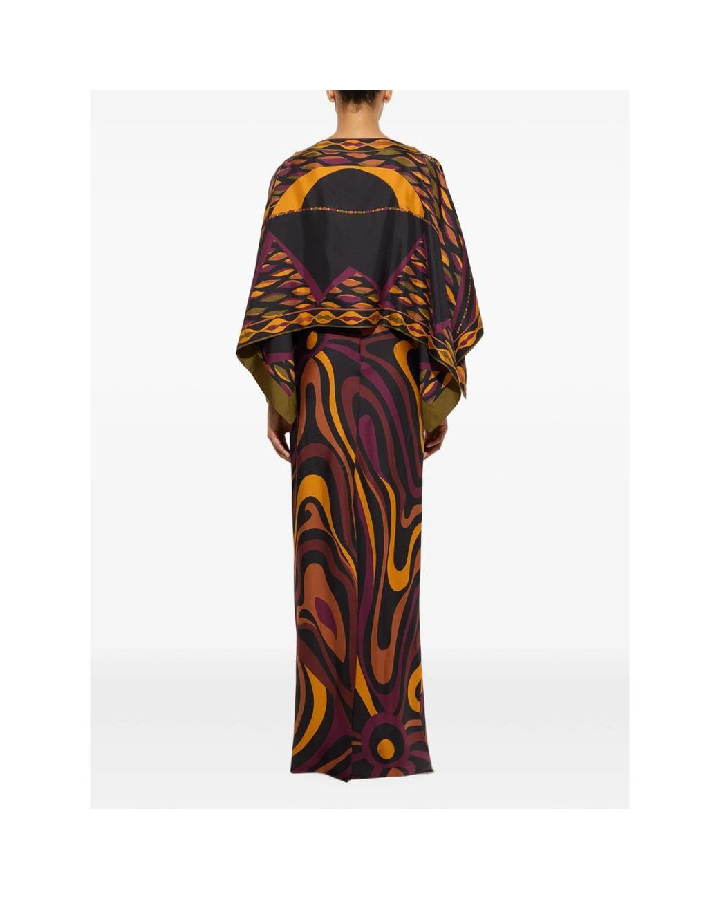 Emilio Pucci Brown Marmo Print Silk Dress With Cape