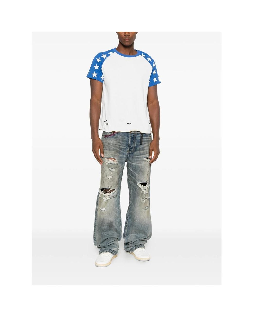 DAGGER Blue Star-Print Distressed T-Shirt for men