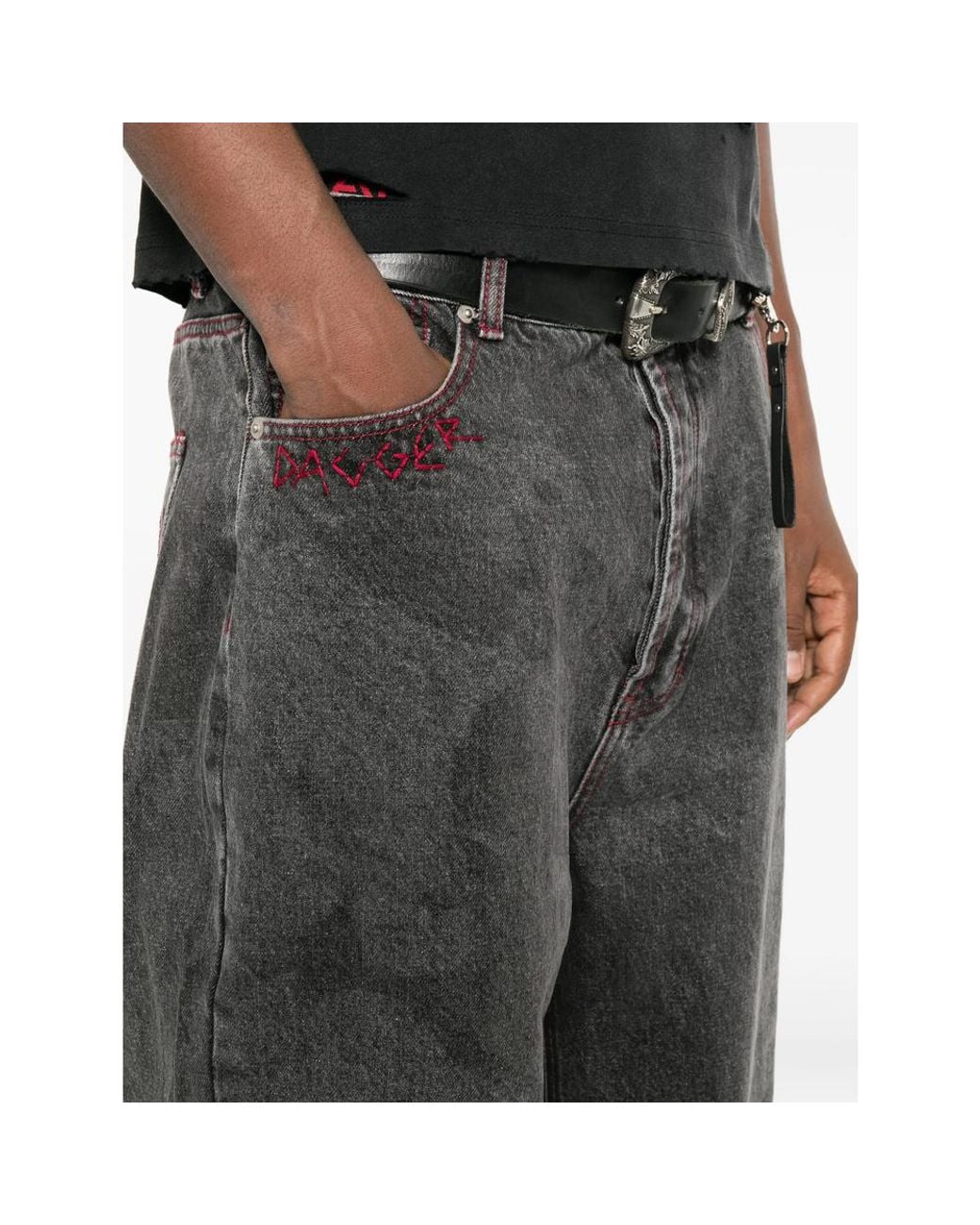 DAGGER Gray Embroidered Acid-Wash Jeans for men
