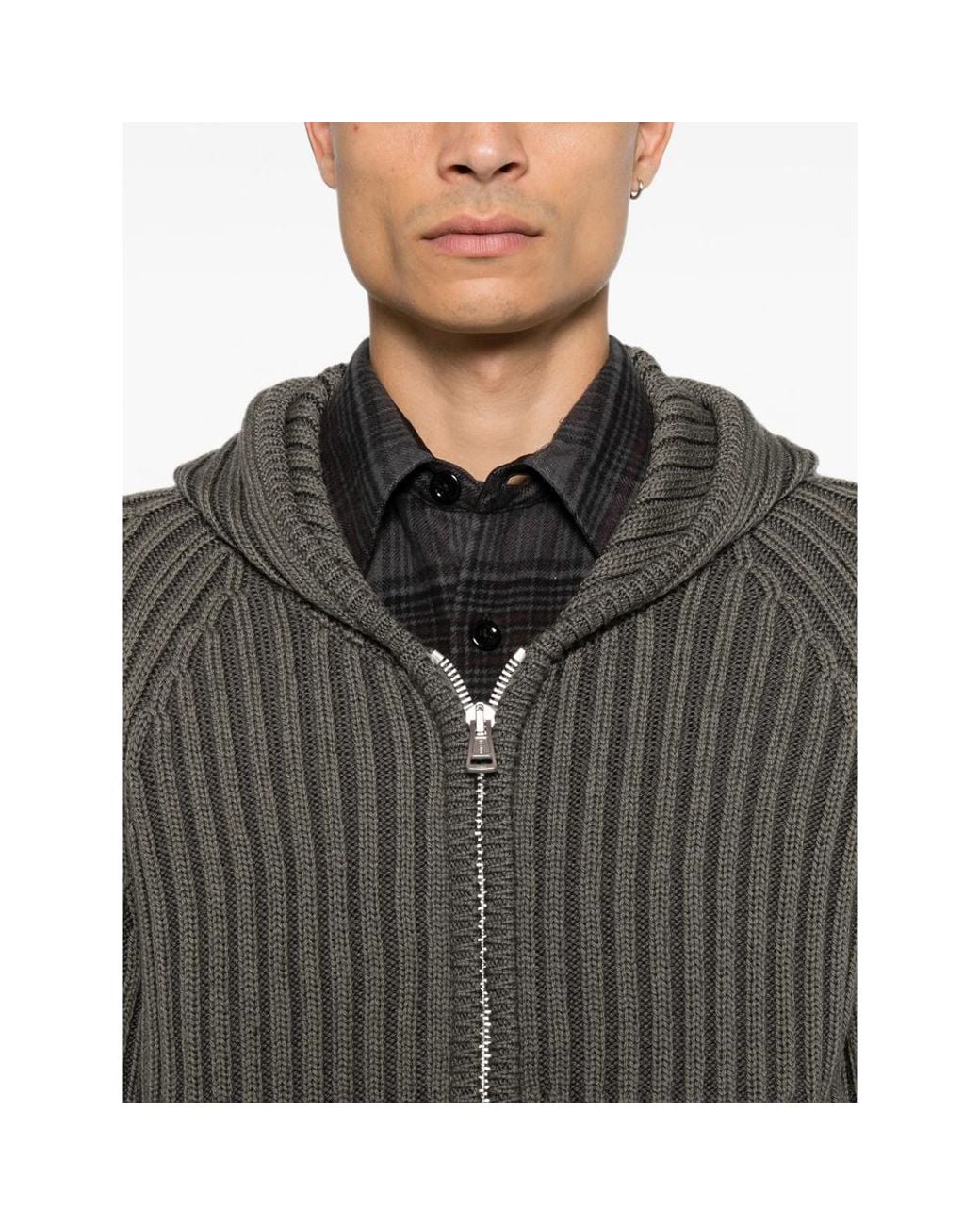Our Legacy Gray Hooded Ribbed Knit Wool Sweatshirt Merino Sweater for men