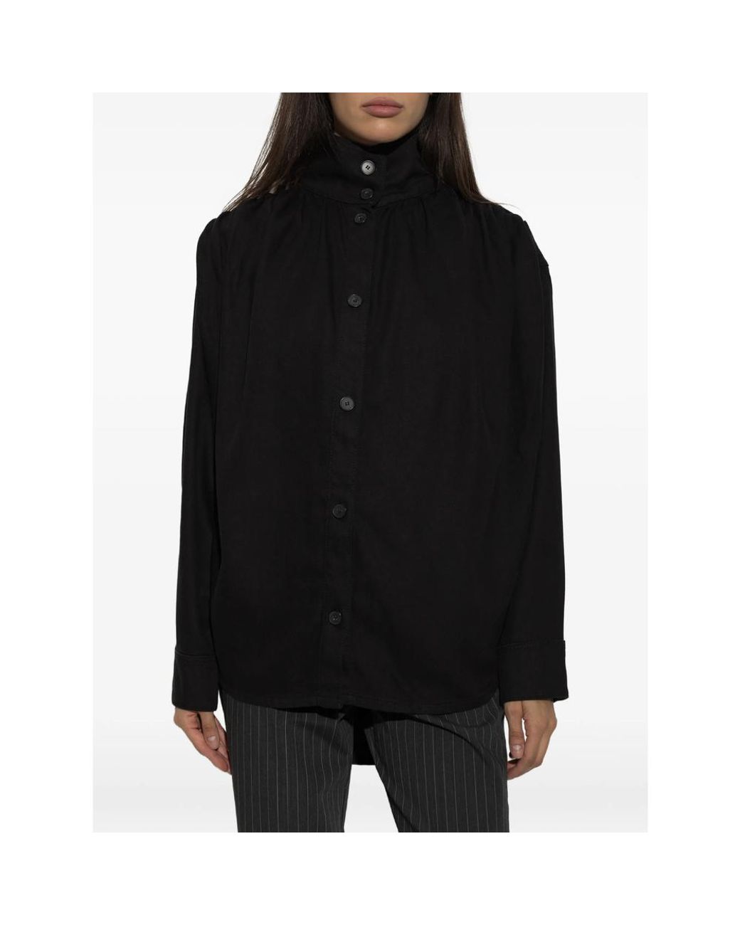 IRO Black Fenyra High-Neck Gathered Denim Shirt