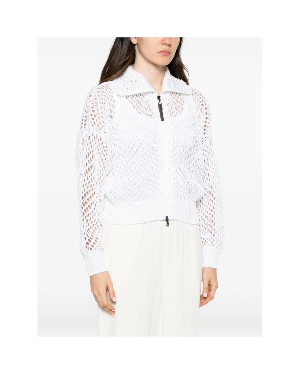 Brunello Cucinelli White Sequin-Embellished Open-Knit Cardigan