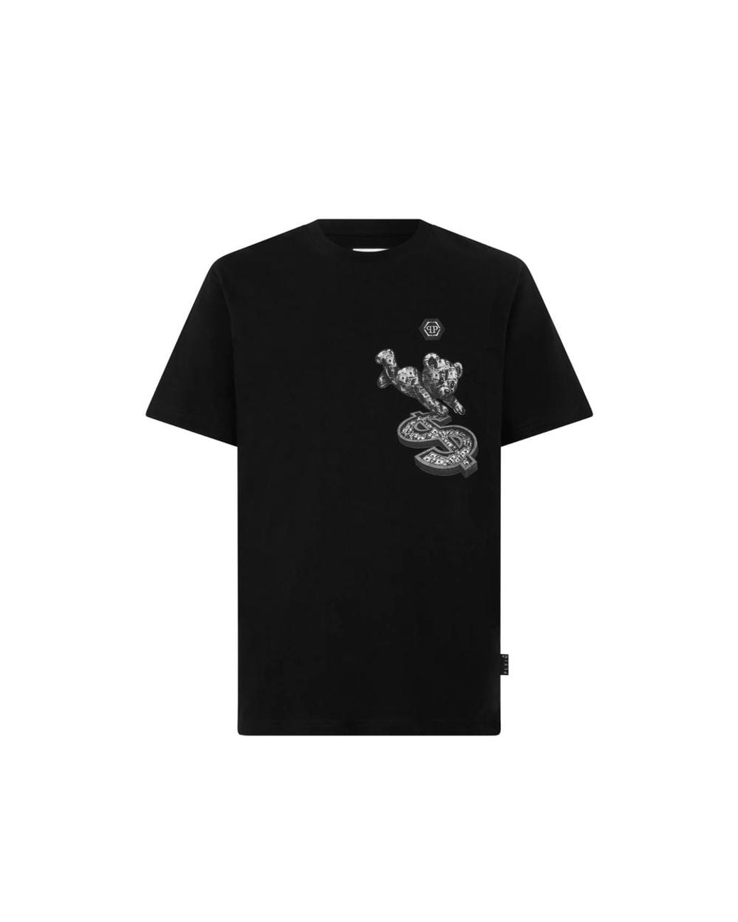 Philipp Plein Black Round Neck T-Shirt Teddy Dollar Patch for men